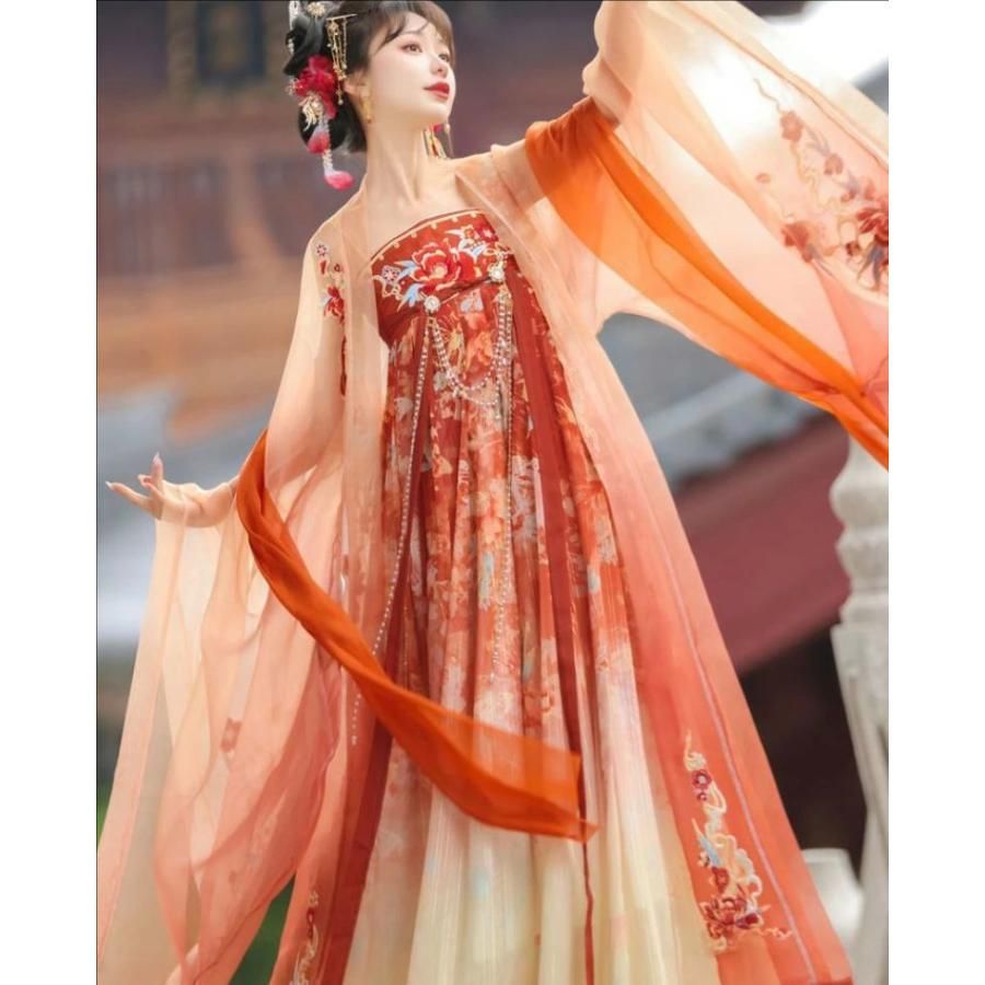 華やか漢服 古典美人服 唐装 華流衣装 中華古代服 中華服 夏着 チャイナ服 中華風 華麗 花柄 刺繍柄 チャイナ風 プリント柄 舞台衣装 ステ