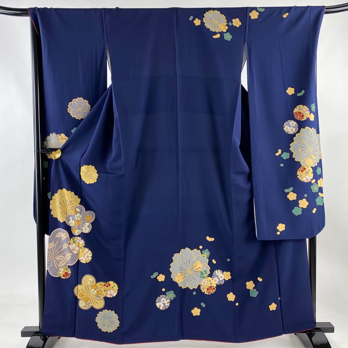 振袖 身丈161.5cm 裄丈70cm L 袷 梅 雪輪 刺繍 金彩 濃紺 正絹