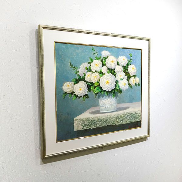 バラの絵画 白いフレーム　油彩　F0 真筆 バラの絵画 白いフレーム 油彩 F0 真筆