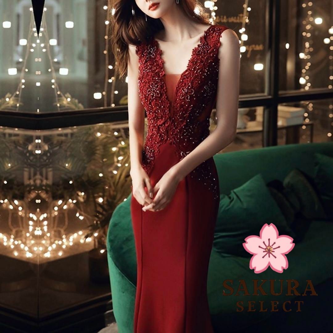 花柄生地が美しい ベア イブニングドレス レッド ディープワイン