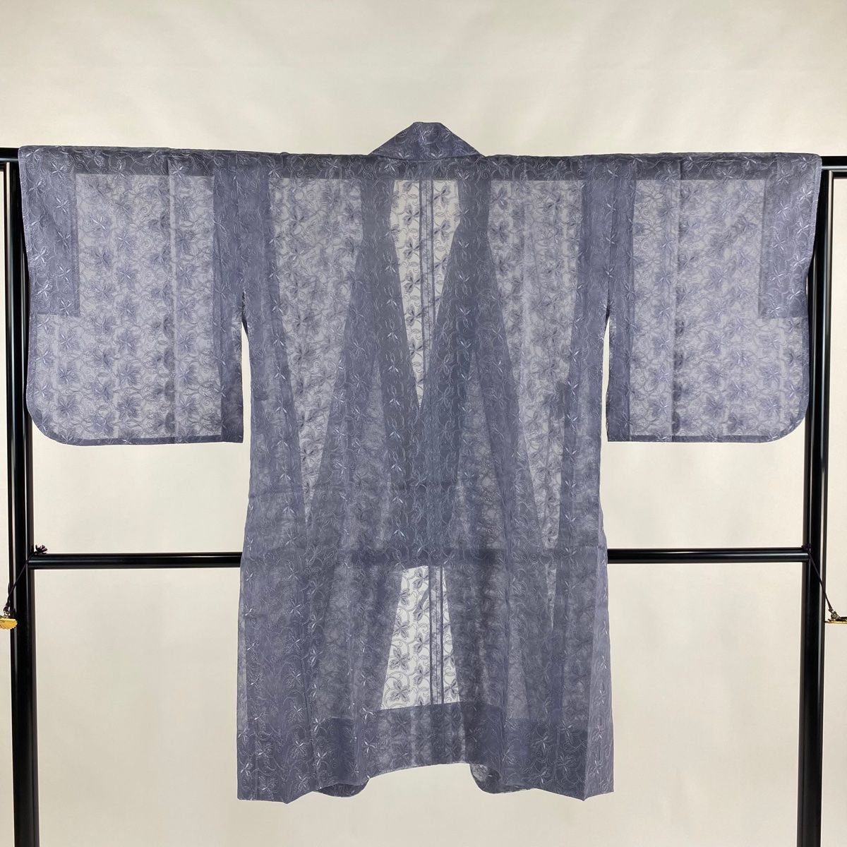 道中着 身丈102cm 裄丈64cm M 和装コート 着物衿 花唐草 刺繍 青灰色 正絹