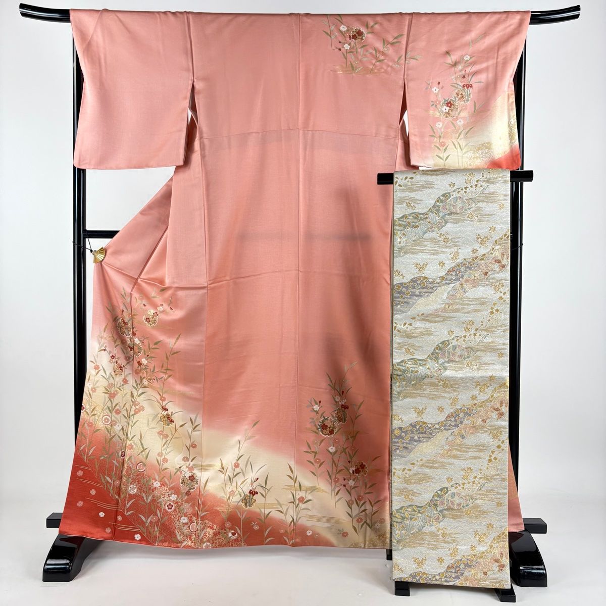 訪問着 身丈165cm 裄丈68cm L 袷 袋帯セット 雪輪 草花 ピンク 正絹 秀品