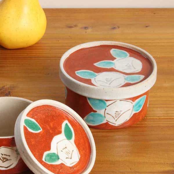 3Pセット）瀬戸焼 便利な器 赤絵椿 丸蓋物／大 ※陶器,高級感,高品質