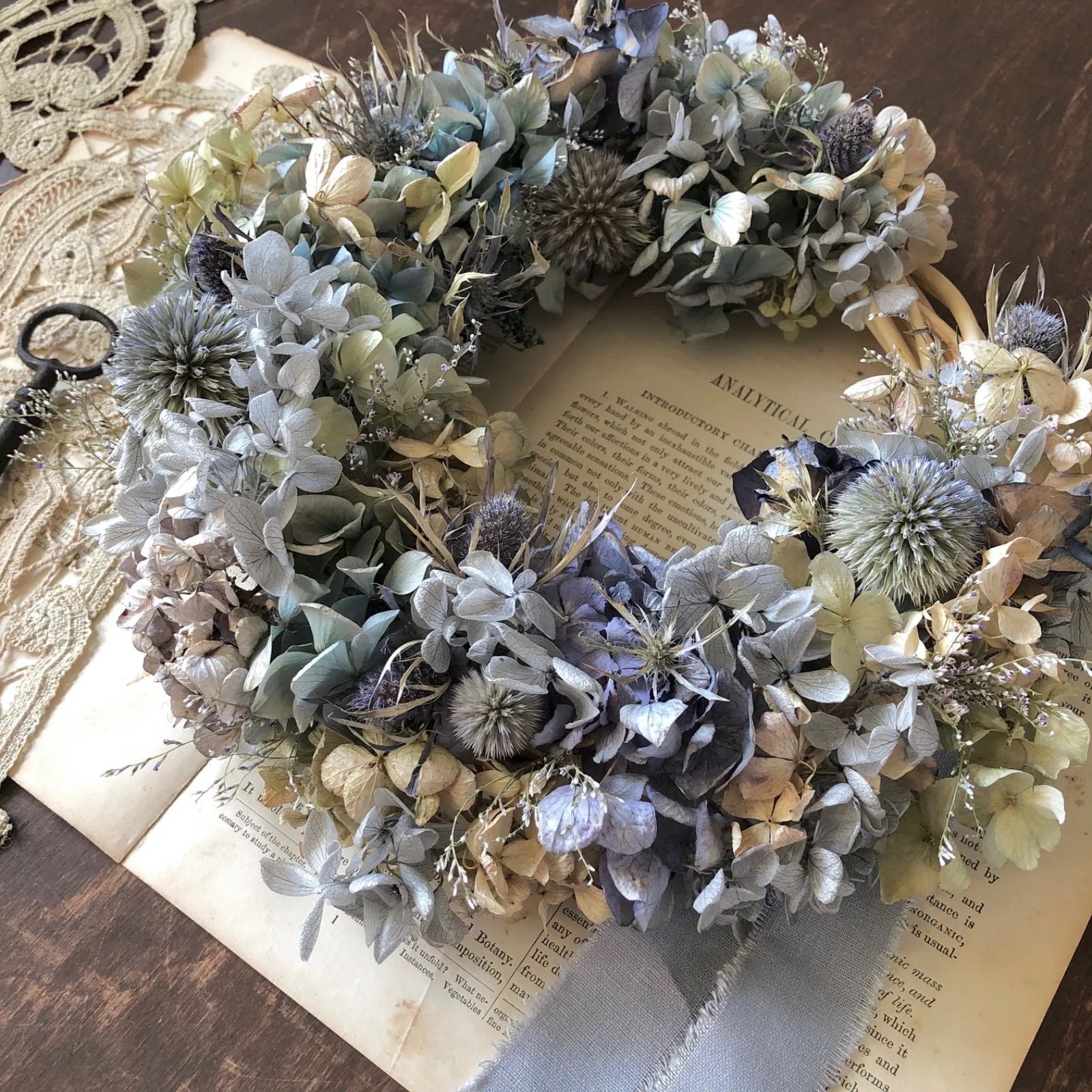 瑠璃玉アザミと秋色紫陽花のアンティーク ボールフライング リース