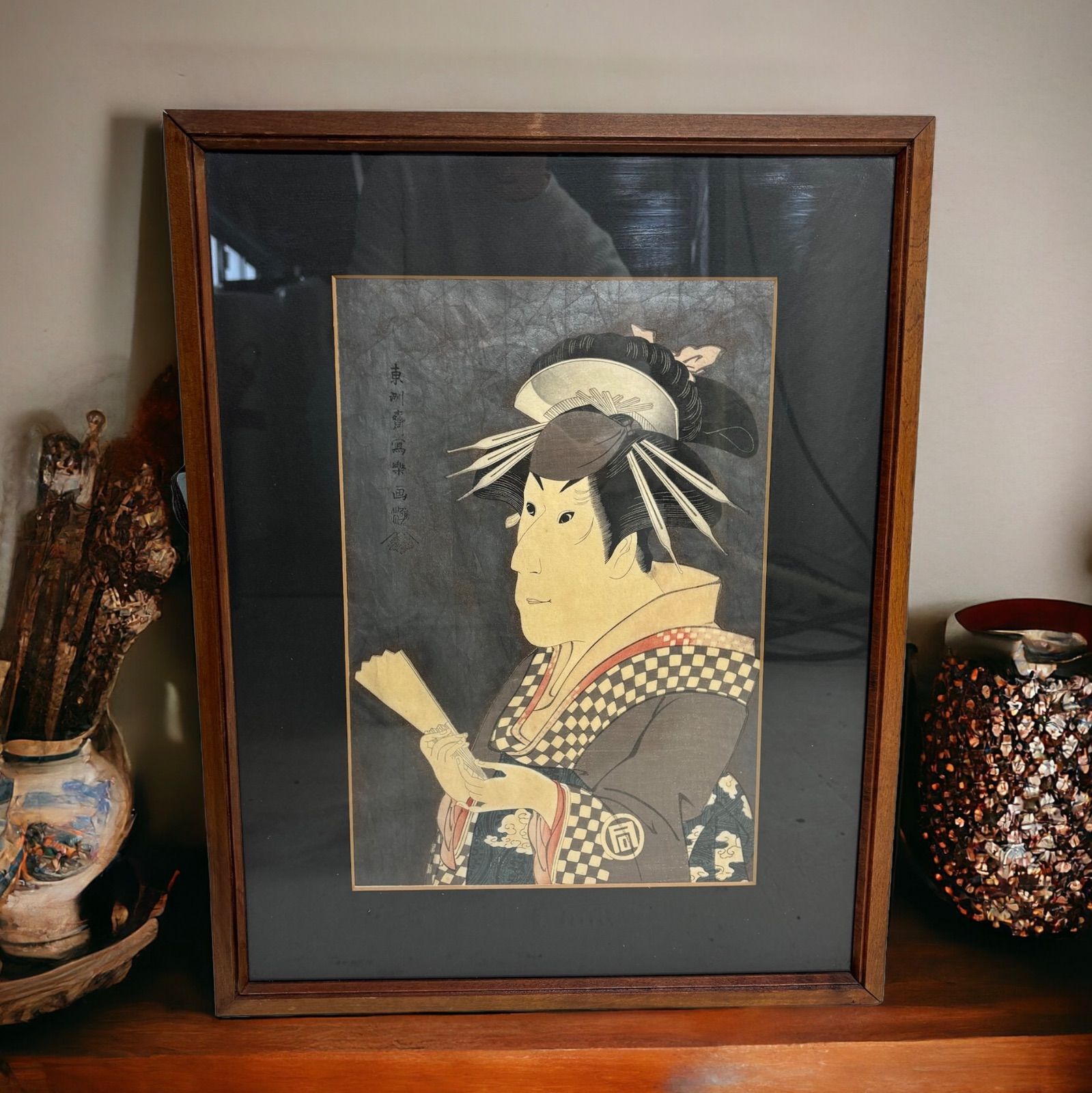 浮世絵 銘有 版画 骨董 アンティーク 浮世絵 三枚続 役者絵 明治時代 額装 骨董 アンティーク 木版画 浮世絵