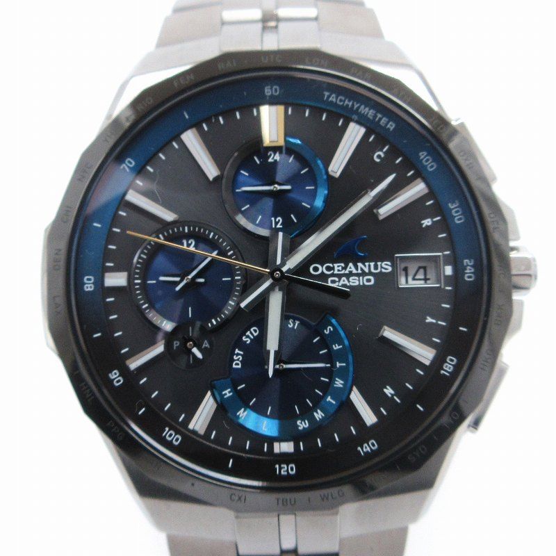 カシオ CASIO オシアナス 美品 マンタ Manta S5000 Series 腕時計 アナログ タフソーラー チタン OCW-S5000E-1AJF 文字盤 黒 ブラック 青 ブルー ウォッチ SM3