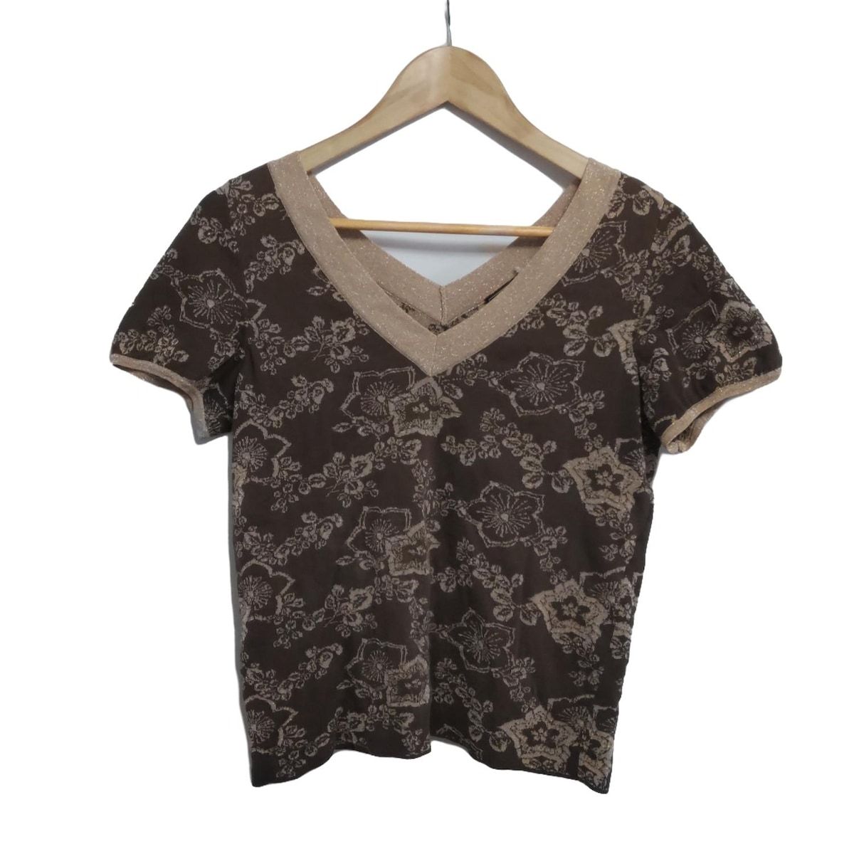 Salvatore Ferragamo - FERRAGAMO/SalvatoreFerragamo(サルバトーレフェラガモ) 半袖セーター サイズM レディース - ダークブラウン×ベージュ Vネック/花柄/ラメ FERRAGAMO/SalvatoreFerragamo(サルバトーレフェラガモ) 半袖
