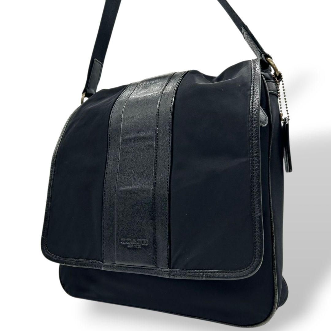 コーチ COACH ショルダーバッグ 黒 ブラック ヘリテージ フラップ メッセンジャー 斜め掛け可 ナイロン レザー 本革 ロゴタグ メンズ レディース ユニセックス