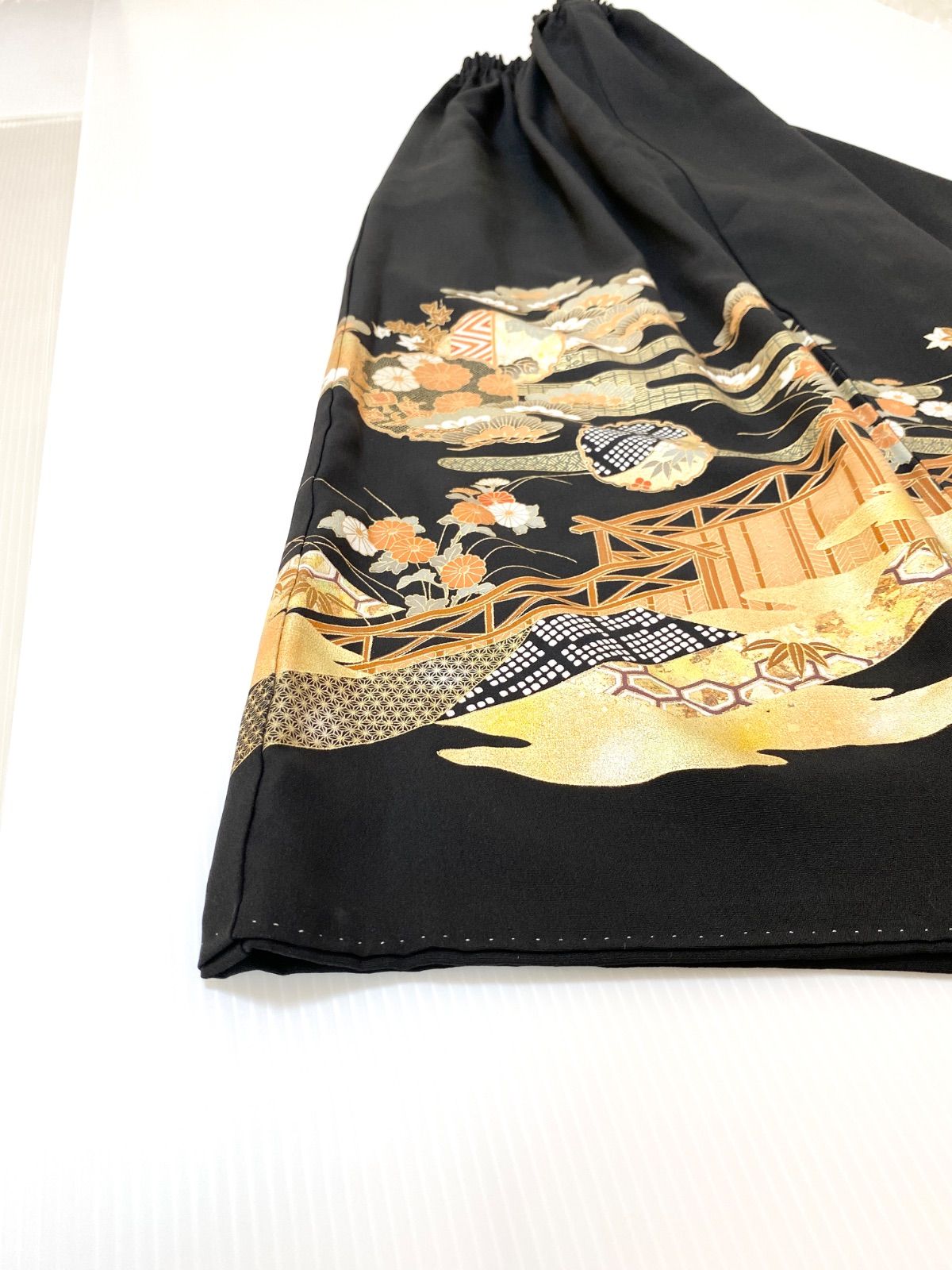 セレブ着物スカートフリーサイズ1点物黒留袖着物リメイクウエストゴムロングスカートフリーサイズ