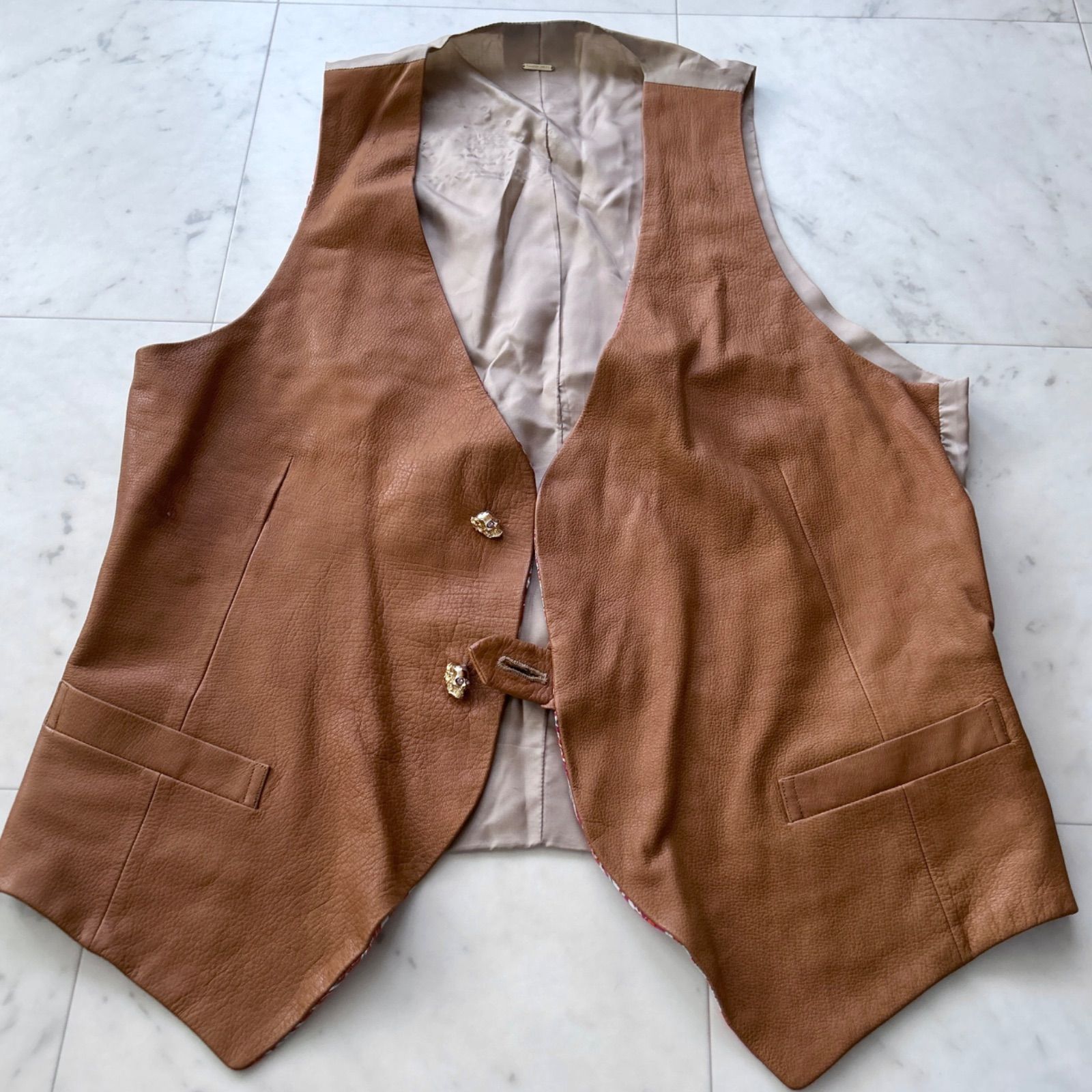 FranCisT_MOR.K.S フランシストモークス スカルボタン ディアスキン 鹿革 レザーベスト リバーシブル ペイズリー柄 サイズ4