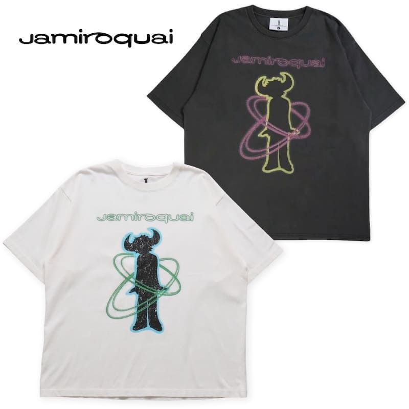 新品 メンズ ジャミロクワイ Jamiroquai バッファローマン プリント 半袖 Tシャツ 半袖Tシャツ ティーシャツ ロゴ ロック ロックT バンドT ヴィンテージ加工 ワイドシルエット ユニセックス レディース 白 ホワイト 黒 ブラック スミクロ