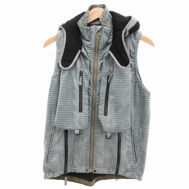 ミハラヤスヒロ MIHARA YASUHIRO 転写ベスト 2WAY ジップアップ フード付き パイソン柄 蛇柄 ナチュラル 水色系 /VU 0125