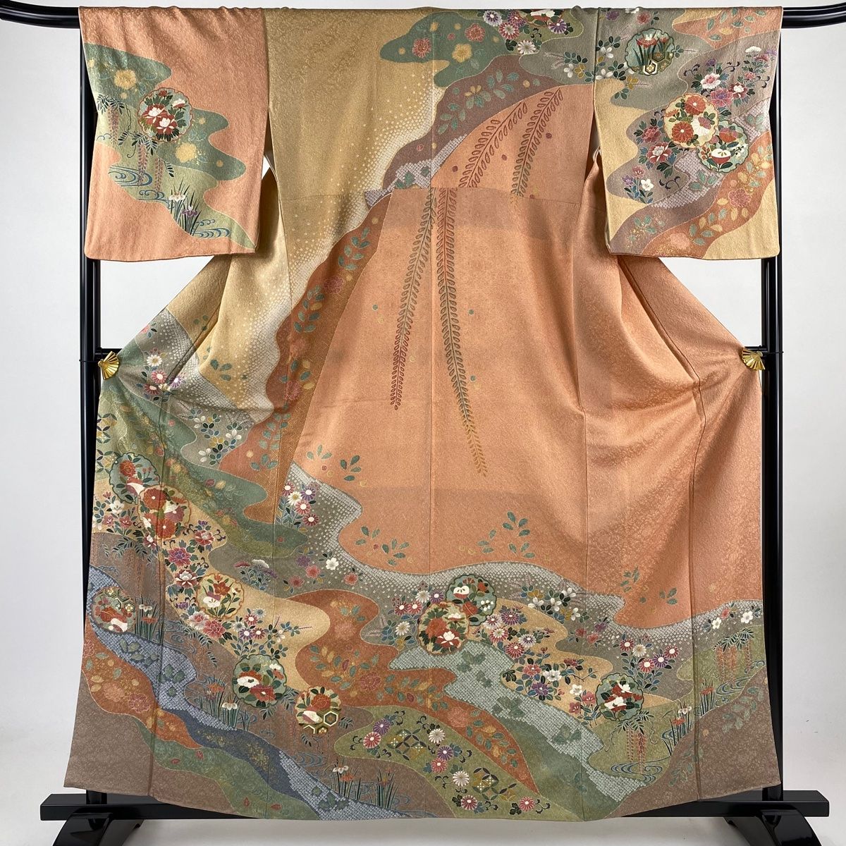訪問着 身丈161.5cm 裄丈66.5cm M 袷 雪輪 草花 金糸 染め分け サーモンピンク 正絹 秀品