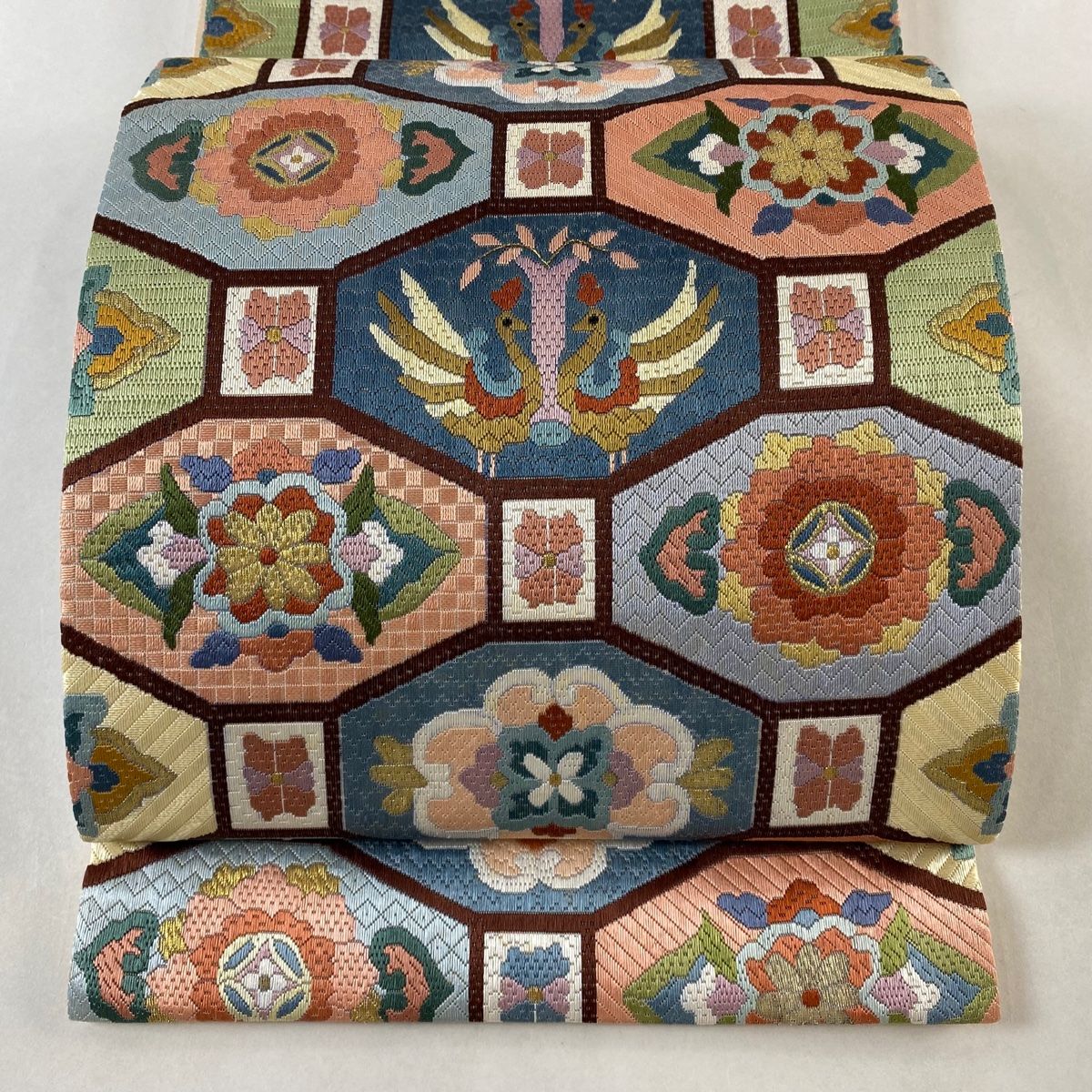 袋帯 向い鳥 華文 刺繍 金糸 青灰色 全通 正絹