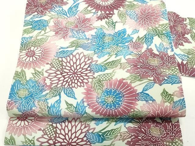 平和屋着物○塩瀬 全通柄九寸名古屋帯 型染め 枝菊文 正絹 逸品