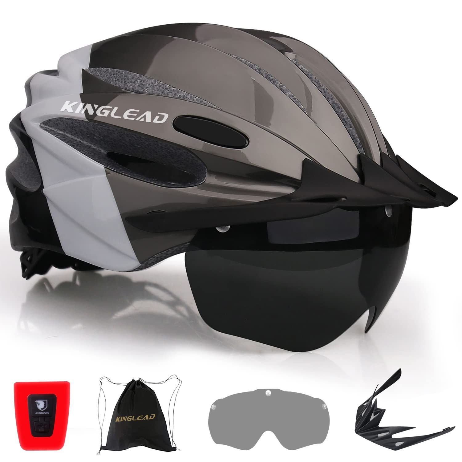 新品 自転車 ヘルメット 大人 KINGLEAD CPSC/CE安全基準認証 高剛性 USB充電式 セフティーライト付 磁気ゴーグル付 バイザー付 ロードバイク ヘルメット サイクリング ヘルメット 通気性 軽量 調