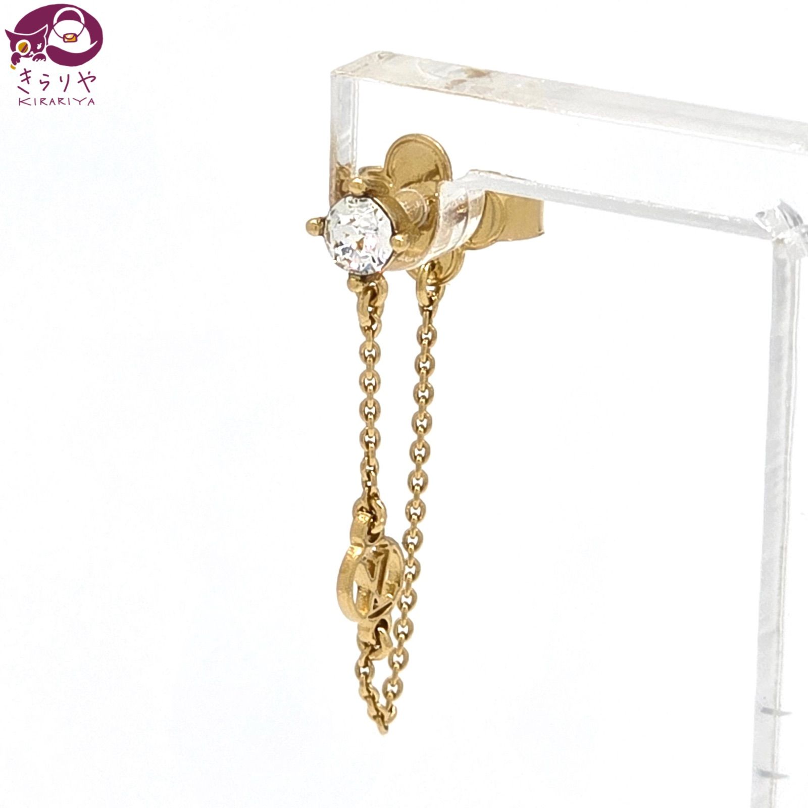 LOUIS VUITTON ルイヴィトン M00390 ピアス プティルイ 片耳 ストラス ドロップチェーン LVサークルのチャーム ゴールド メタル スタッドピアス イタリア製