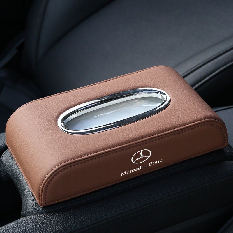 メルセデス・ベンツ BENZ 車用ティッシュボックス　高級ティッシュケース 　車内収納ケース　磁石開閉 　カバー ロゴ入り　防水 ブラウン