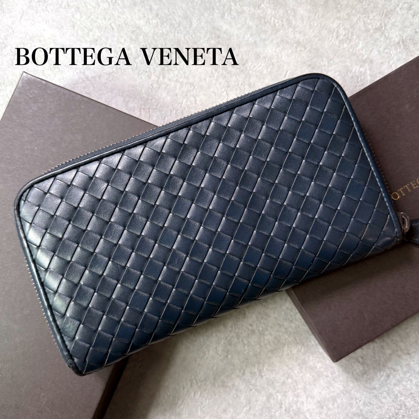 BOTTEGA VENETA ボッテガヴェネタ ラウンドファスナー長財布 イントレチャート カーフレザー ネイビー ロングウォレット ボッテガ