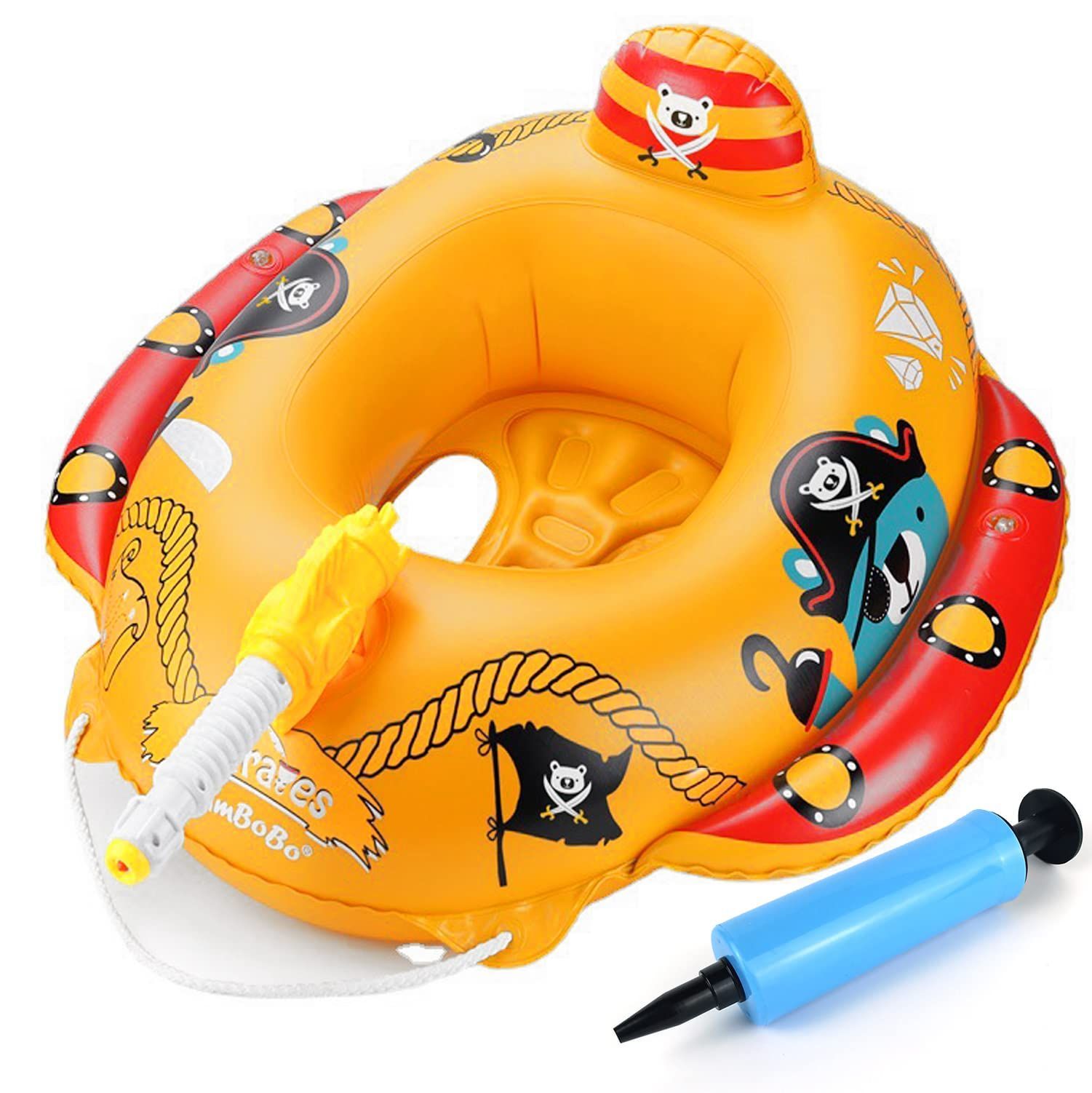 Mercs-X 浮き輪 子ども浮き輪 うきわ 浮輪 足入れタイプ 船の形 水泳リング 放水うきわ 噴水 水鉄砲付き 空気入れ フットポンプ付属 イエロー色 夏の日 水遊び 水泳 海 プール アウトドア 浮き具 フロート 69*66*37CM 6歳以上