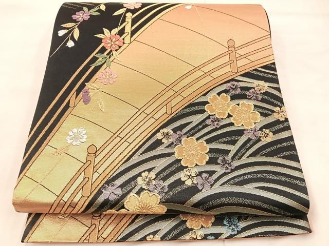 袋帯 鹿子柄 シンプル 素敵なデザイン 六通 正絹 AO-3927 平和屋着物▽六通柄袋帯 鹿の子笹竹文 金糸 正絹 逸品