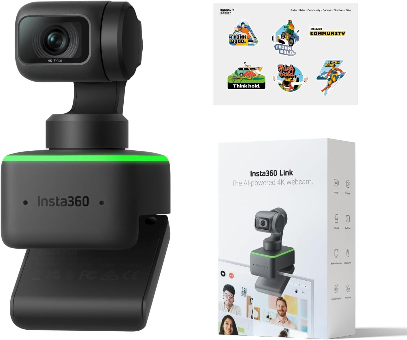 Insta360 Link Webカメラ 公式ステッカー集付き 4K PTZウェブカメラ 1/2インチセンサー AI追跡 3軸ジンバル ジェスチャー制御 HDR 位相差オートフォーカス 自動露出技術 自動ズーム プライバシー保護