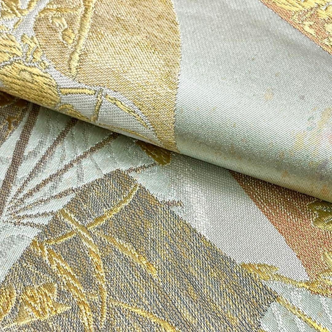 袋帯 琳派流水扇文 扇子に流水模様 金銀糸 白緑色 O-3892