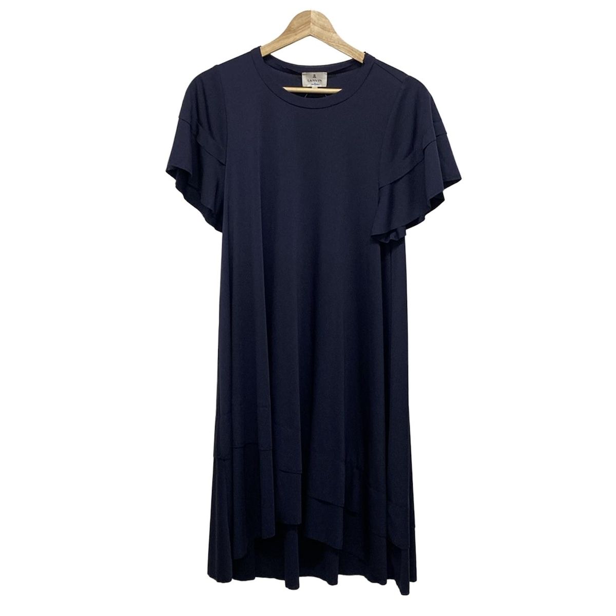 ランバンオンブルー　ワンピース　ロゴプリント　M 38 レリアン製　半袖　黒　青 ランバンオンブルー ワンピース ロゴプリント M 38 レリアン製 半袖 黒