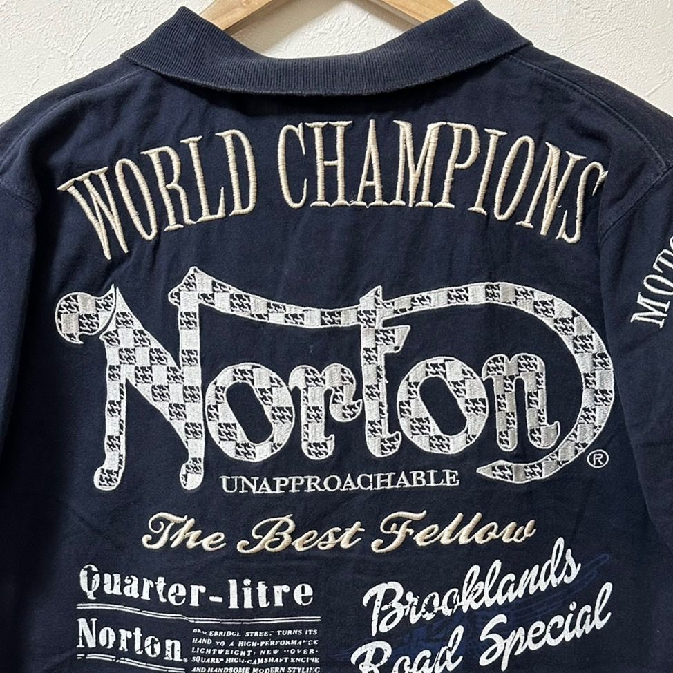 (^w^)b Norton ノートン 半袖 Tシャツ 襟付きTシャツ プリントT 刺繍入りTシャツ 刺繍 ブランドロゴ バックプリント ネイビー  メンズ Lサイズ