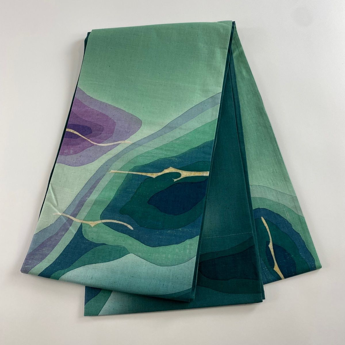 袋帯 名品 落款 紬地 幾何学模様 ぼかし 緑 お太鼓柄 正絹 【中古