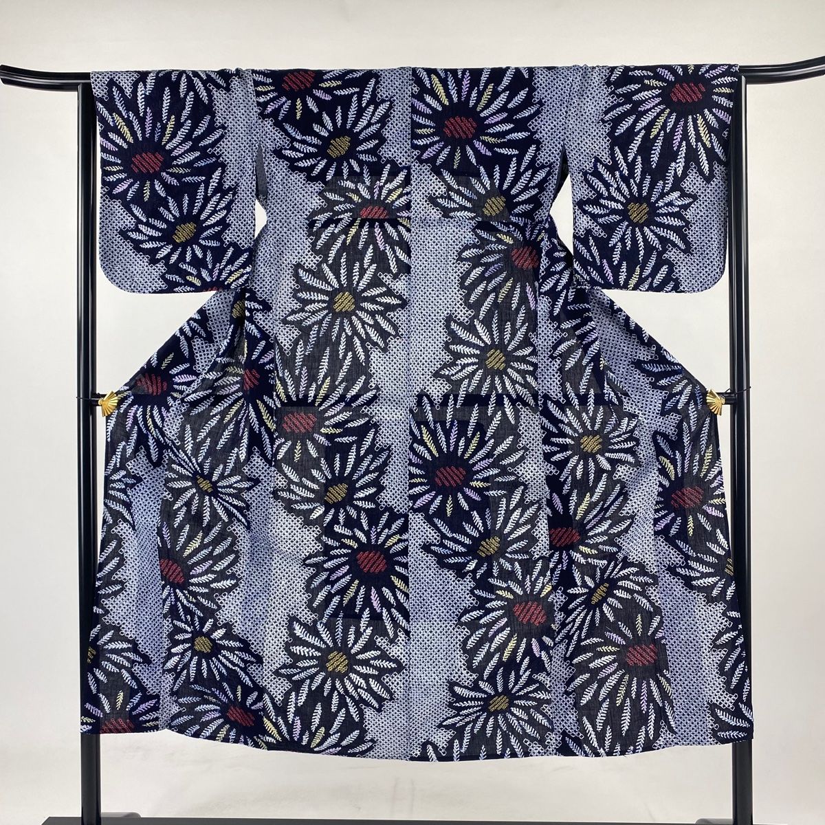 浴衣 身丈145.5cm 裄丈64cm M 絞り浴衣 花 濃紺 綿 名品