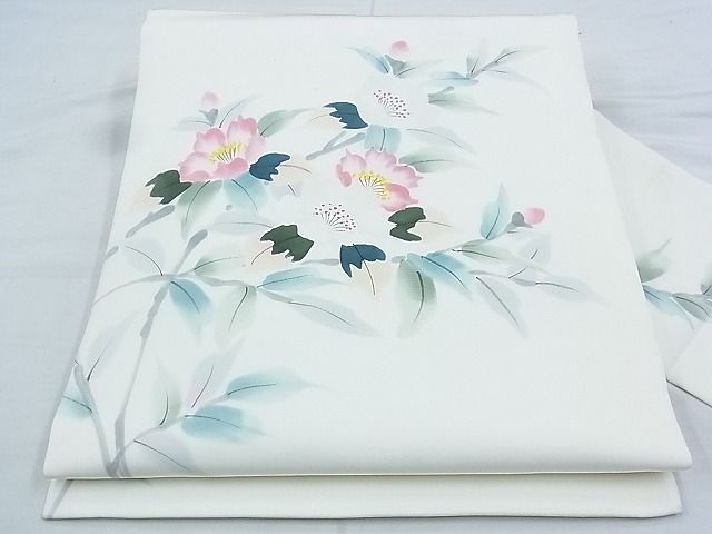 九寸名古屋帯　流水草花文　ホワイト 九寸名古屋帯流水草花文ホワイト
