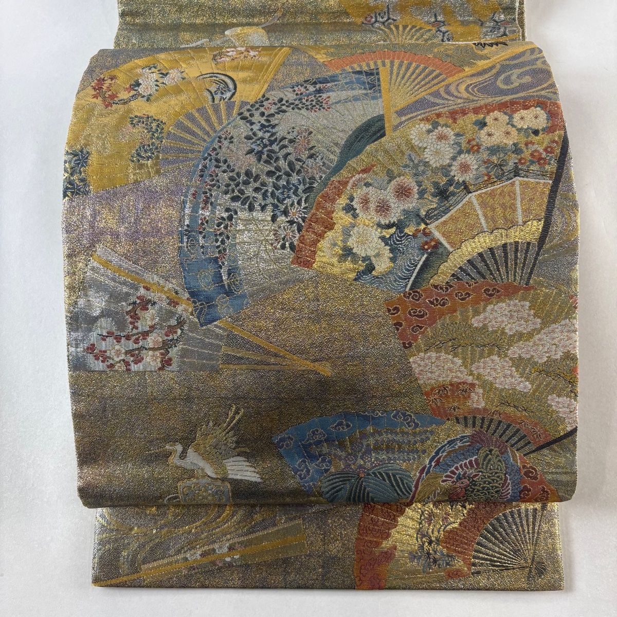 袋帯 美品 名品 能楽百扇 金糸 箔 金色 お太鼓柄 正絹 【中古