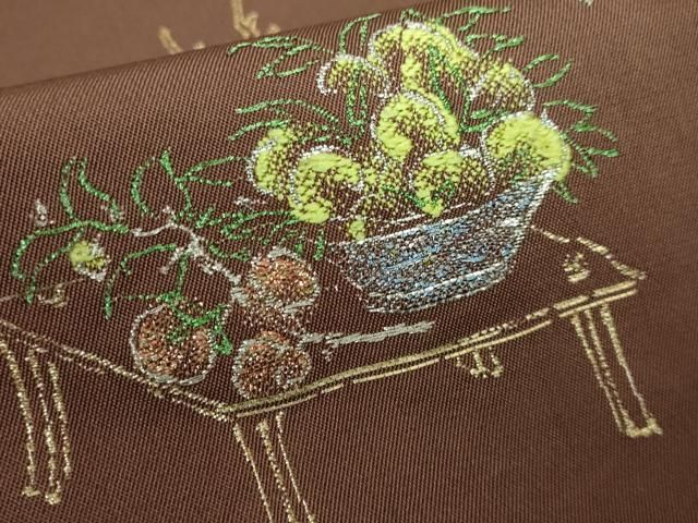 平和屋本店□最高級 龍村平蔵製 太鼓柄 本袋帯 とばえまき錦 枯茶色地