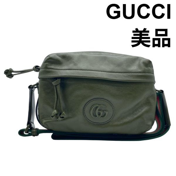 ● グッチ GUCCI ダブルG ショルダーバッグ クロスボディバッグ ウェブストライプ カーキ レザー メンズ 5E109