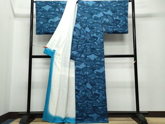 平和屋着物●上質な小紋　藍　型染め　地紙風景草花文　鬼しぼ縮緬　正絹　逸品　未使用　CAAT6929vf 平和屋着物○上質な小紋 藍 型染め 地紙風景草花文 鬼しぼ縮緬 正絹