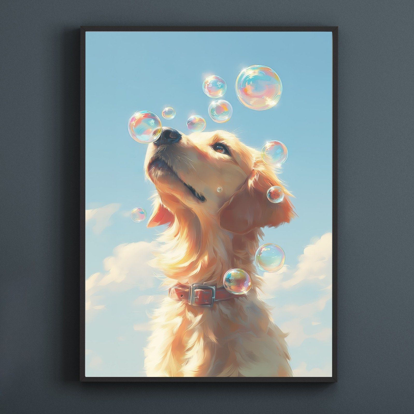 名入れOK 犬とシャボン玉 - ゴールデンレトリバー犬 No.1 アートポスター うちの子記念日 ペットロス 北欧 ナチュラル