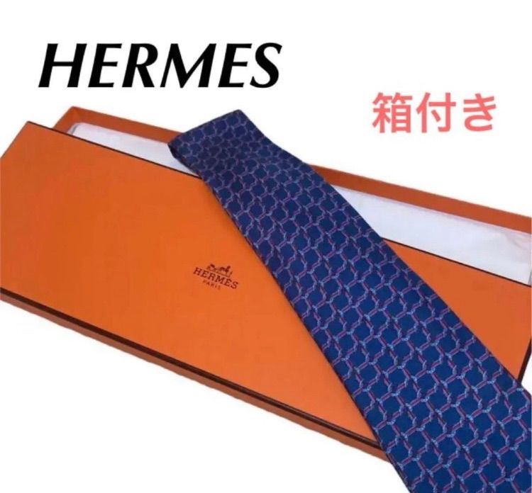 HERMES チェック 馬蹄 ブルー ネクタイ レギュラー エルメス