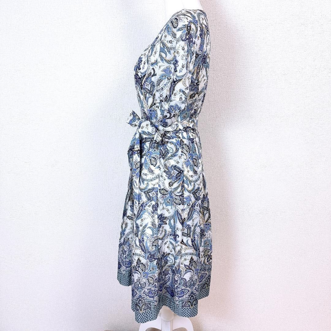 美品】レリアン 半袖ブラウスワンピース ウエスト紐 13+ 花柄 白×水色