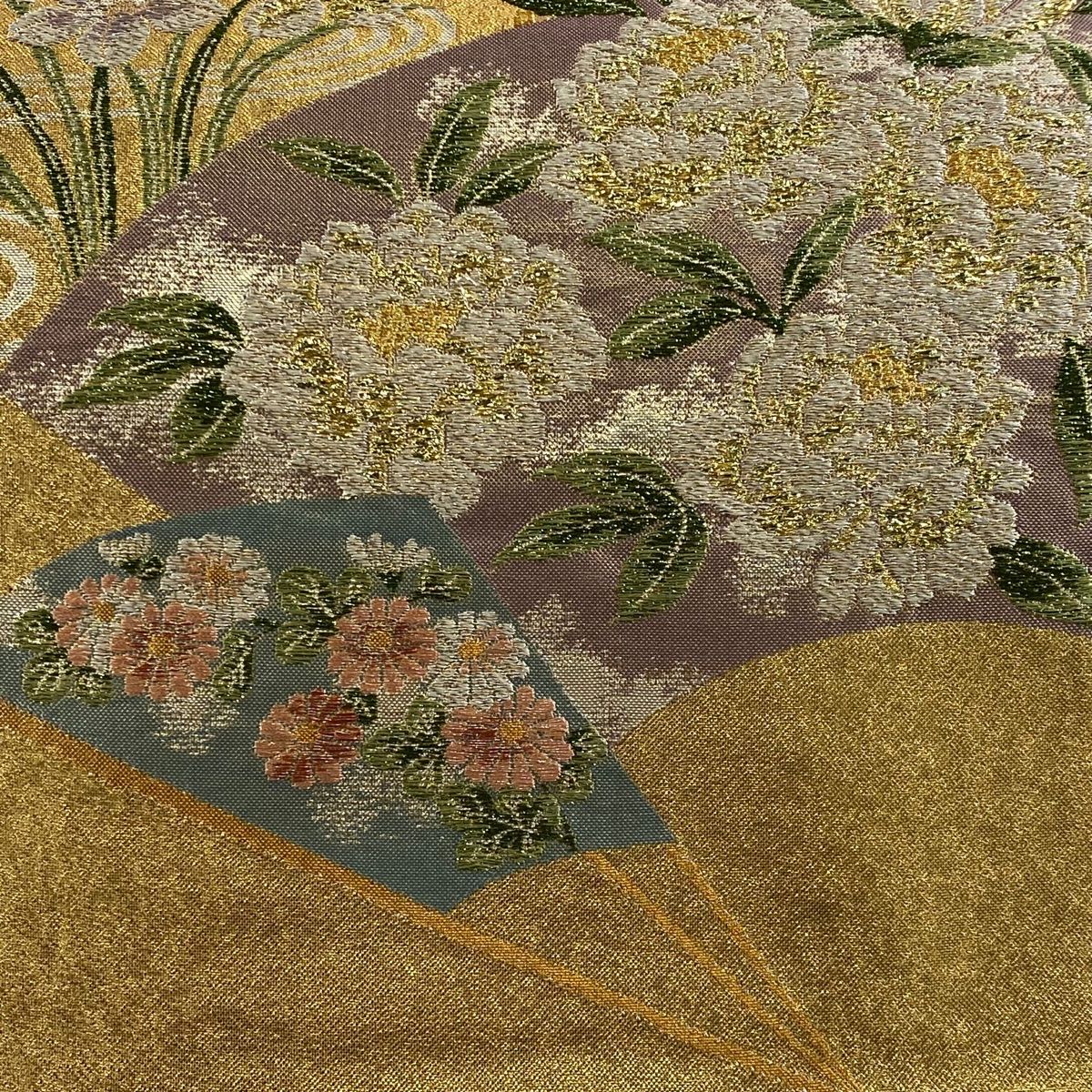 袋帯 美品 秀品 扇 草花 金銀糸 箔 金色 六通 正絹 【中古
