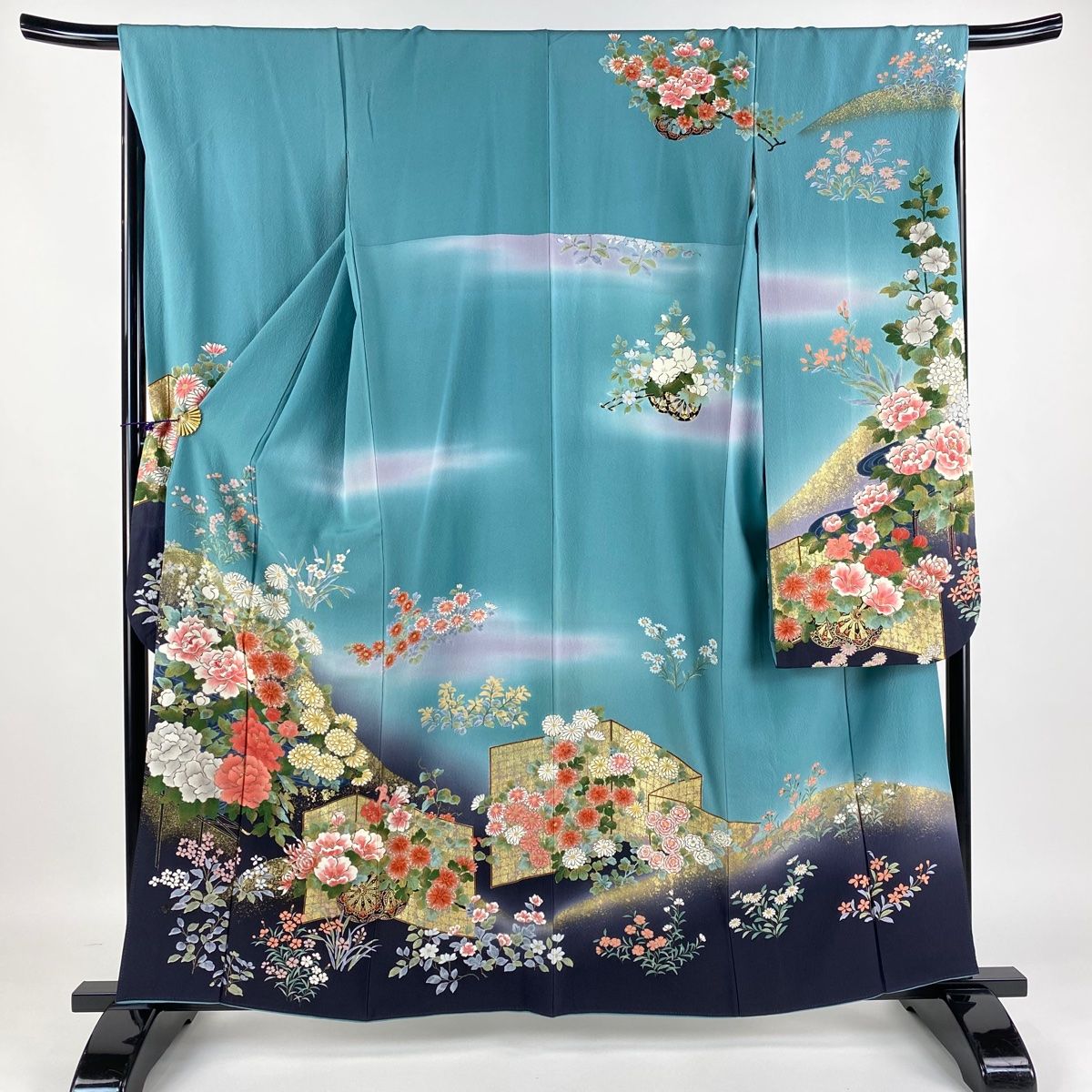 振袖 身丈168cm 裄丈68cm L 袷 手鞠 桜 金銀彩 黒 正絹 名品 【中古  