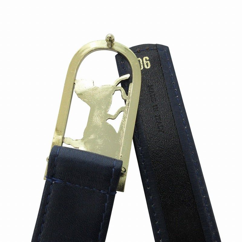 セリーヌ CELINE ◆ ベルト 金色 ロゴバックル ネイビー セリーヌ CELINE 美品 ベルト レザー 革 ロゴ 馬車 バックル 90