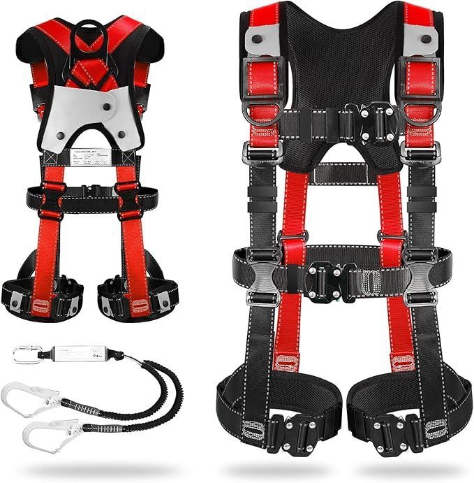 フルハーネス 新規格 セット フルハーネス安全帯 ワンタッチ バックル 脱着簡単 ハーネス安全帯 ランヤード付き 2丁掛け 反射 レッド