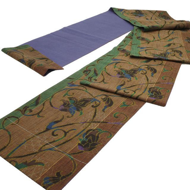 中古】 すごい値！ 袋帯 リサイクル 正絹 全通 手織り 紬 茶色  