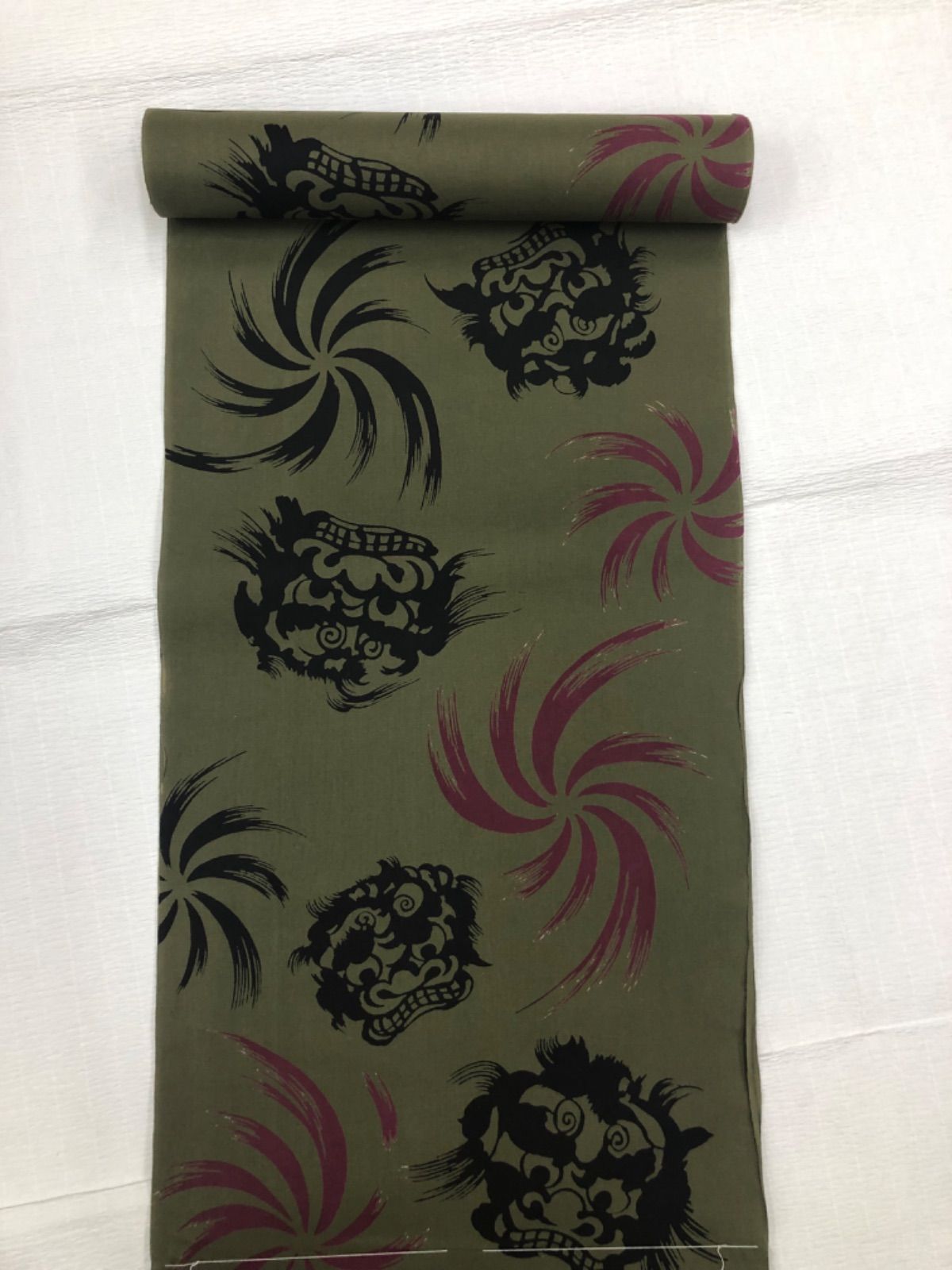 男性用浴衣反物 梨園染 rienzome 獅子 濃グリーン 綿100%