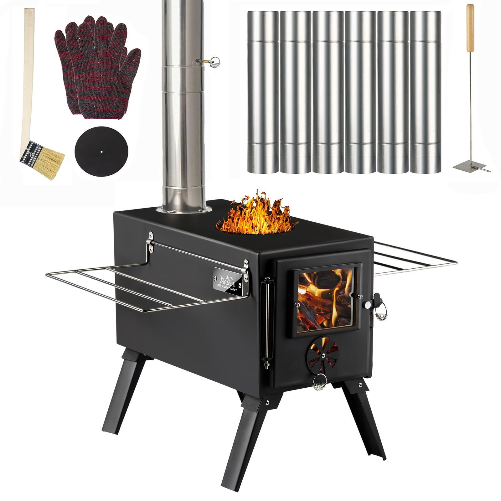 新着商品 暖炉 冬 バーベキューBBQ テント用 ウッドストーブ アウトドア 焚火台 耐熱塗装 スチール製 コンパクト収納 グリッド棚付き 耐熱ガラス 7段階煙突 折りたたみ式 キャンプ用 AVOFOREST 薪ストーブ
