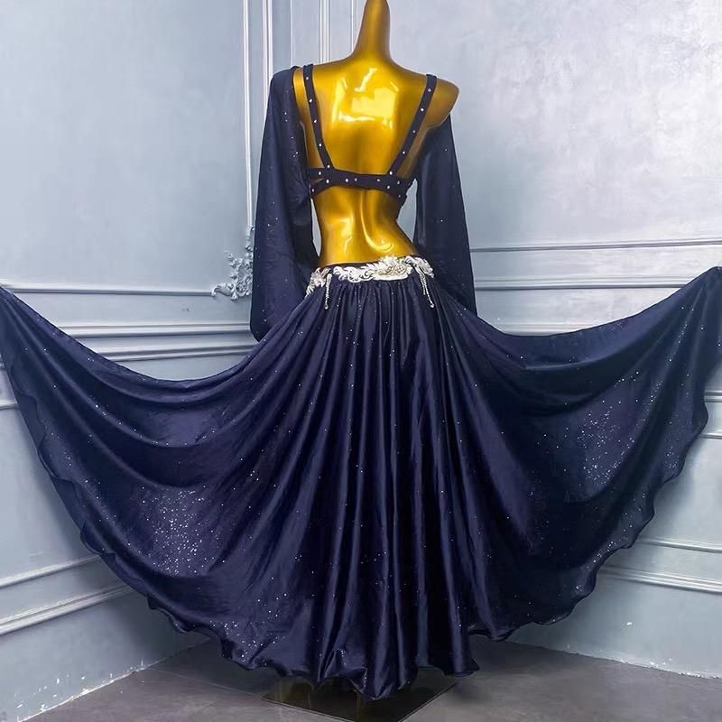 ベリーダンス オリエンタル衣装 トップス スカート オーダーメイド ステージ衣装 上下セット オリエンタルベリーダンス服 ビーズスパンコール ネイビー