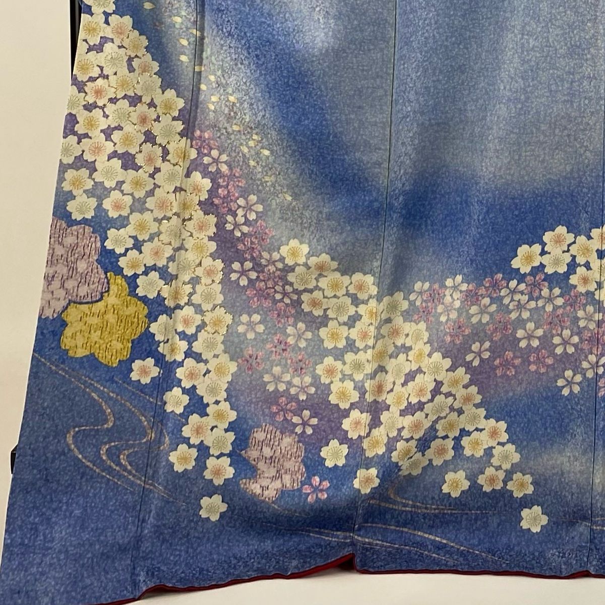 振袖 身丈173cm 裄丈68cm L 袷 桜 流水 銀通し 青 正絹 名品