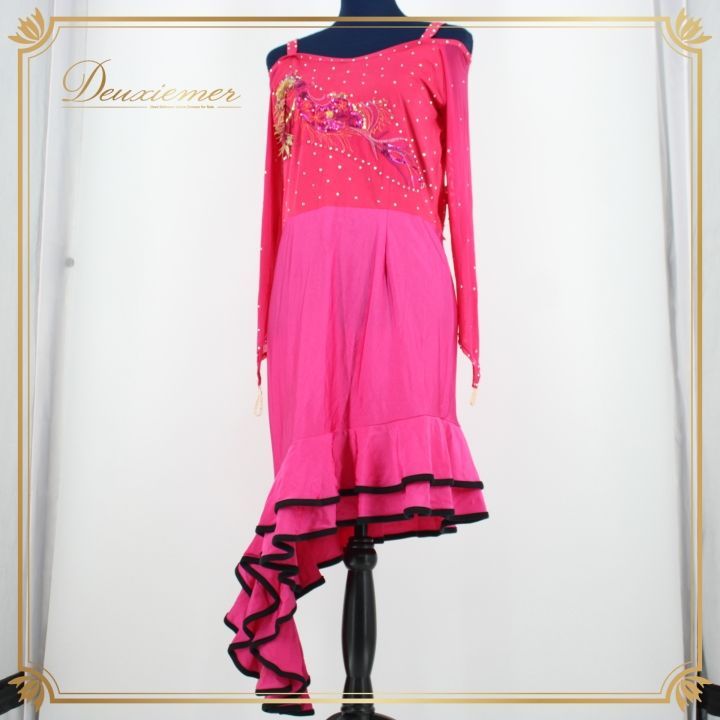 社交ダンス 衣装 ラテン ラテンドレス ドレス ワンピース パーティ衣装 女性用 レディース オールシーズン マゼンダピンク系 ラインストーン 黒 ブラック系 アシンメトリー アシメ 長袖 スパンコール パーティドレス ダンス衣装 フォーマルウエア 演奏会用