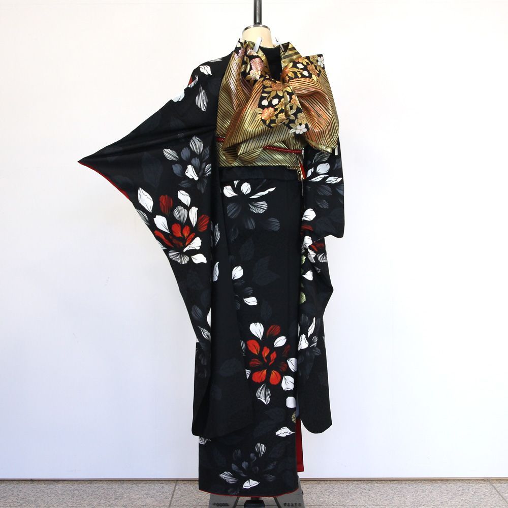 振袖フルセット 5点セット シック モダン シンプル 最高級 黒 金箔 花